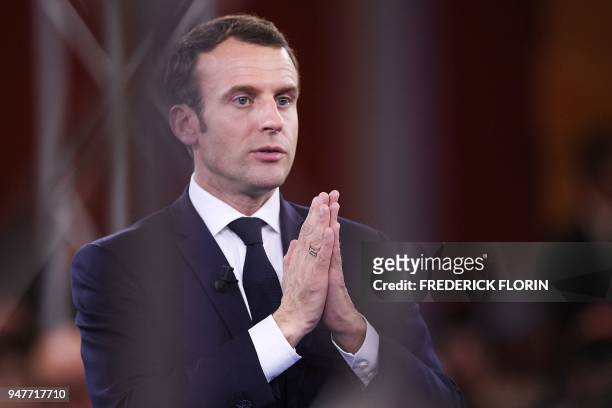 French President Emmanuel Macron gestures as he speaks during the opening of a series of citizen's consultation meetings on Europe on April 17 in...