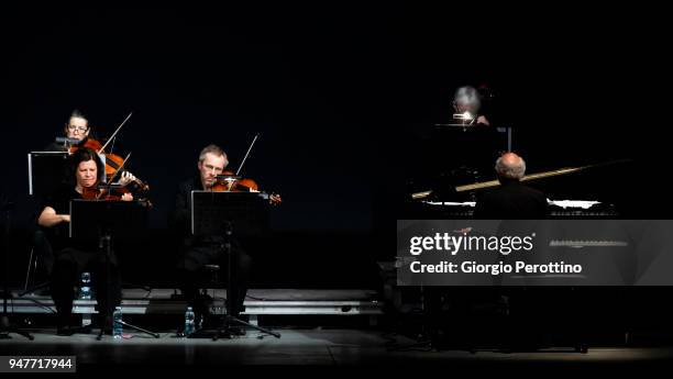 Michael Nyman performs live with his orchestra during the event called 'Piano Lessons' on April 14, 2018 in Turin, Italy.