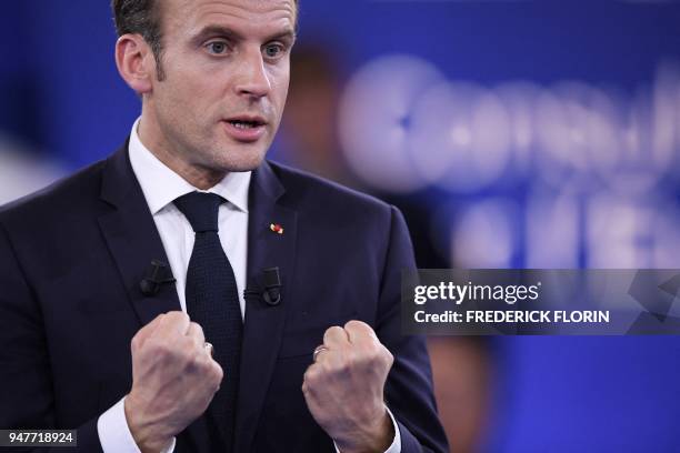 French President Emmanuel Macron gestures as he speaks during the opening of a series of citizen's consultation meetings on Europe on April 17 in...