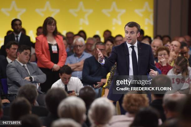 French President Emmanuel Macron gestures as he speaks during the opening of a series of citizen's consultation meetings on Europe on April 17 in...