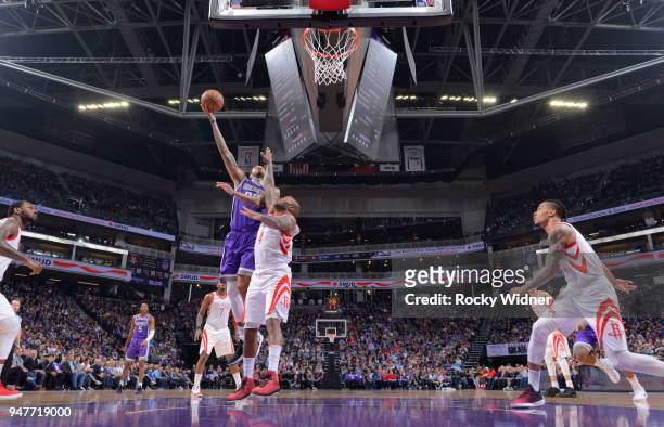 Willie Cauley-Stein of the Sacramento Kings shoots against the Houston Rockets on April 11, 2018 at Golden 1 Center in Sacramento, California. NOTE...