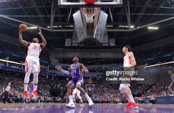 Tarik Black of the Houston Rockets rebounds against the Sacramento Kings on April 11, 2018 at Golden 1 Center in Sacramento, California. NOTE TO...