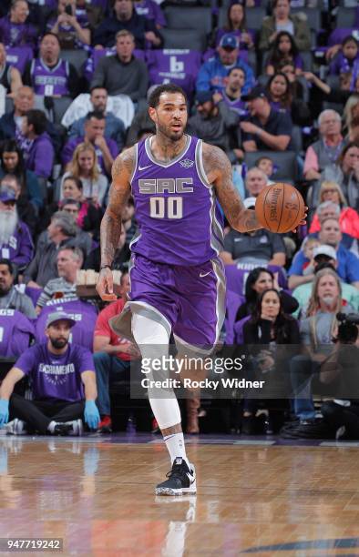Willie Cauley-Stein of the Sacramento Kings brings the ball up the court against the Houston Rockets on April 11, 2018 at Golden 1 Center in...