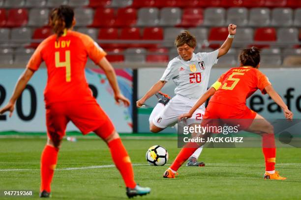 Japan's forward Kumi Yokoama vies for the ball with China's defender Haiyan Wu during the AFC Women's Asian Cup semi final match between Japan and...