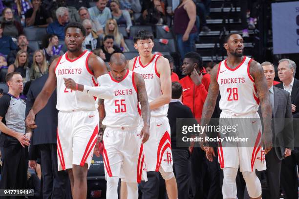 Chinanu Onuaku, Zhou Qi, Aaron Jackson and Tarik Black of the Houston Rockets face the Sacramento Kings on April 11, 2018 at Golden 1 Center in...