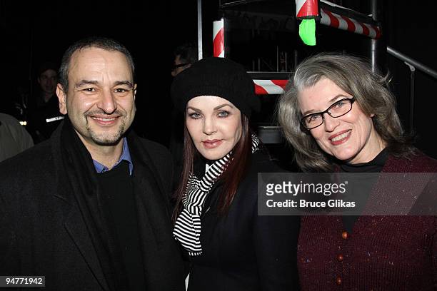 Joe DiPietro, Priscilla Presley and Cass Morgan pose backstage at the hit musical "Memphis" on Broadway at The Shubert Theater on December 17, 2009...