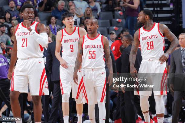 Chinanu Onuaku, Zhou Qi, Aaron Jackson and Tarik Black of the Houston Rockets face the Sacramento Kings on April 11, 2018 at Golden 1 Center in...