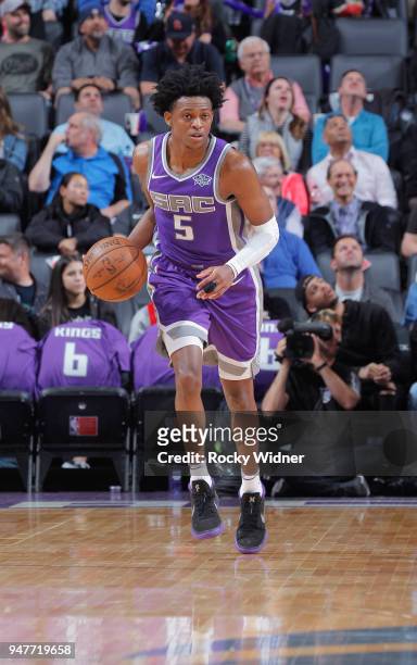 De'Aaron Fox of the Sacramento Kings brings the ball up the court against the Houston Rockets on April 11, 2018 at Golden 1 Center in Sacramento,...