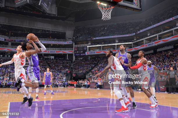 De'Aaron Fox of the Sacramento Kings puts up a shot against the Houston Rockets on April 11, 2018 at Golden 1 Center in Sacramento, California. NOTE...
