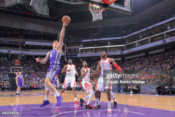 Bogdan Bogdanovic of the Sacramento Kings shoots a layup against the Houston Rockets on April 11, 2018 at Golden 1 Center in Sacramento, California....