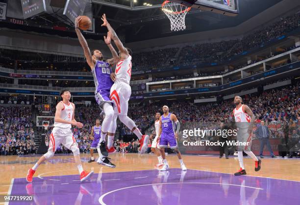 Willie Cauley-Stein of the Sacramento Kings goes up for the shot against the Houston Rockets on April 11, 2018 at Golden 1 Center in Sacramento,...