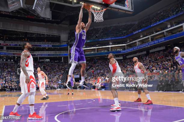 Willie Cauley-Stein of the Sacramento Kings dunks against the Houston Rockets on April 11, 2018 at Golden 1 Center in Sacramento, California. NOTE TO...