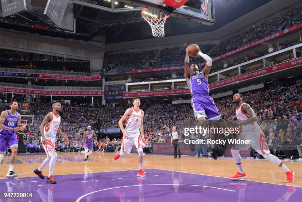 De'Aaron Fox of the Sacramento Kings shoots a layup against the Houston Rockets on April 11, 2018 at Golden 1 Center in Sacramento, California. NOTE...