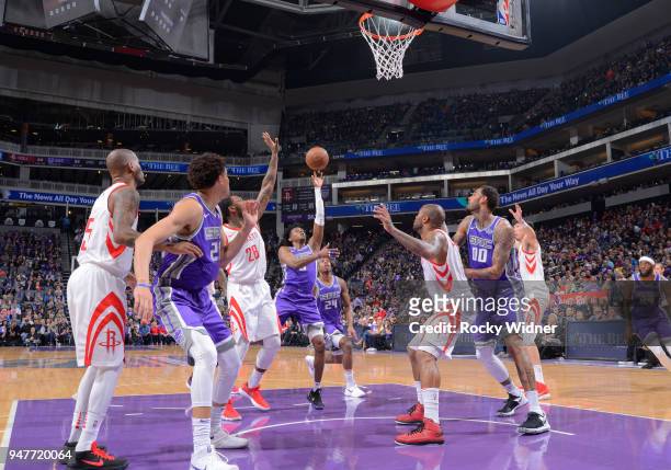 De'Aaron Fox of the Sacramento Kings shoots against the Houston Rockets on April 11, 2018 at Golden 1 Center in Sacramento, California. NOTE TO USER:...