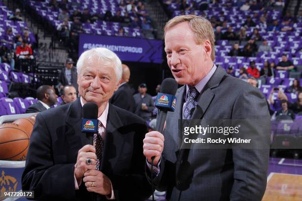 Sacramento Kings TV analyst Jerry Reynolds and announcer Grant Napear prior to the game against the Houston Rockets on April 11, 2018 at Golden 1...