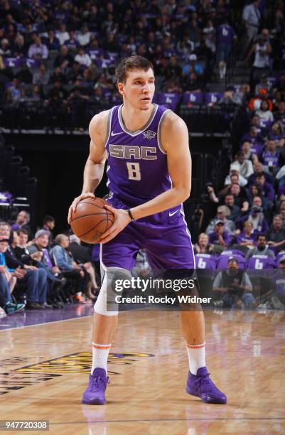 Bogdan Bogdanovic of the Sacramento Kings handles the ball against the Houston Rockets on April 11, 2018 at Golden 1 Center in Sacramento,...