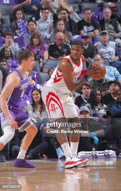 Joe Johnson of the Houston Rockets handles the ball against Bogdan Bogdanovic of the Sacramento Kings on April 11, 2018 at Golden 1 Center in...