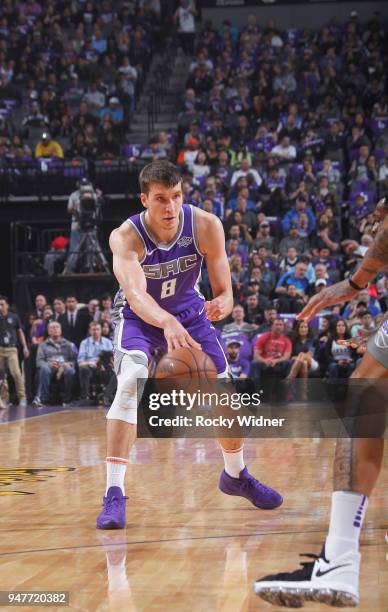 Bogdan Bogdanovic of the Sacramento Kings passes the ball against the Houston Rockets on April 11, 2018 at Golden 1 Center in Sacramento, California....