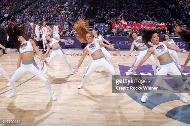 The Sacramento Kings dance team performs during the game against the Houston Rockets on April 11, 2018 at Golden 1 Center in Sacramento, California....