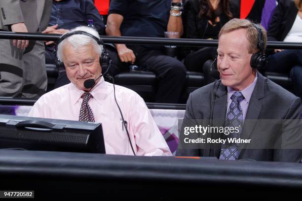 Sacramento Kings TV analyst Jerry Reynolds and announcer Grant Napear look on during the game against the Houston Rockets on April 11, 2018 at Golden...