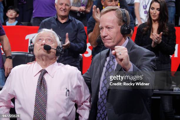 Sacramento Kings TV analyst Jerry Reynolds and announcer Grant Napear look on during the game against the Houston Rockets on April 11, 2018 at Golden...