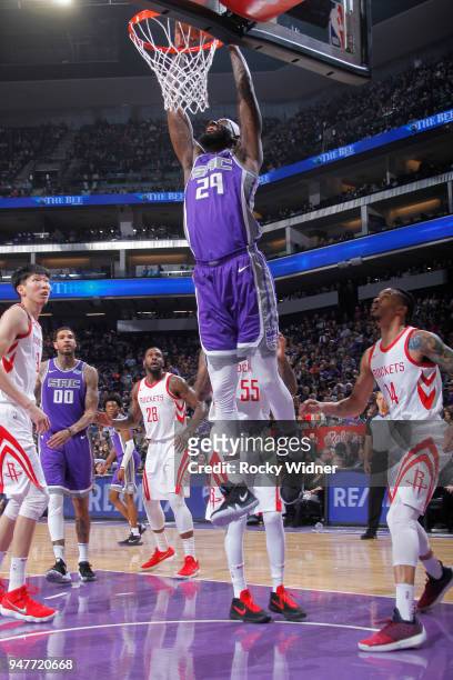 JaKarr Sampson of the Sacramento Kings dunks against the Houston Rockets on April 11, 2018 at Golden 1 Center in Sacramento, California. NOTE TO...