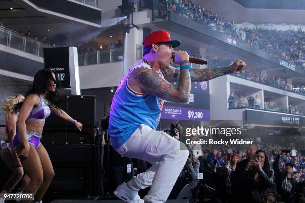 April 11: American rapper Vanilla Ice performs during halftime of the game between the Houston Rockets and Sacramento Kings at Golden 1 Center on...