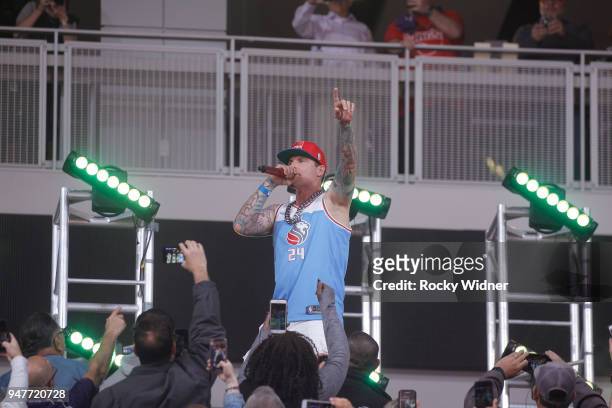 April 11: American rapper Vanilla Ice performs during halftime of the game between the Houston Rockets and Sacramento Kings at Golden 1 Center on...