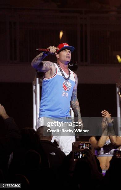 April 11: American rapper Vanilla Ice performs during halftime of the game between the Houston Rockets and Sacramento Kings at Golden 1 Center on...