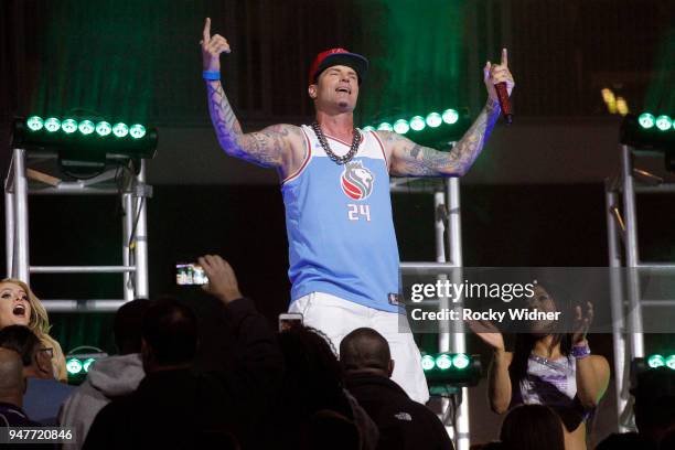 April 11: American rapper Vanilla Ice performs during halftime of the game between the Houston Rockets and Sacramento Kings at Golden 1 Center on...