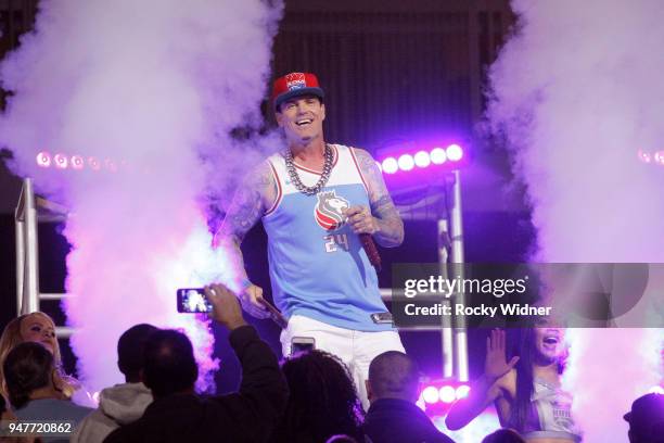 April 11: American rapper Vanilla Ice performs during halftime of the game between the Houston Rockets and Sacramento Kings at Golden 1 Center on...