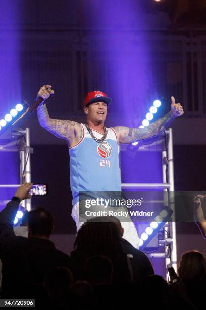 April 11: American rapper Vanilla Ice performs during halftime of the game between the Houston Rockets and Sacramento Kings at Golden 1 Center on...