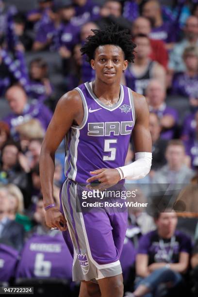De'Aaron Fox of the Sacramento Kings looks on during the game against the Houston Rockets on April 11, 2018 at Golden 1 Center in Sacramento,...