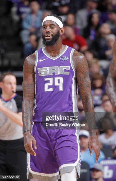 JaKarr Sampson of the Sacramento Kings looks on during the game against the Houston Rockets on April 11, 2018 at Golden 1 Center in Sacramento,...