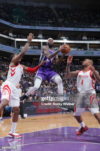 JaKarr Sampson of the Sacramento Kings goes up for the shot against the Houston Rockets on April 11, 2018 at Golden 1 Center in Sacramento,...