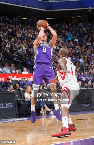 Bogdan Bogdanovic of the Sacramento Kings shoots against the Houston Rockets on April 11, 2018 at Golden 1 Center in Sacramento, California. NOTE TO...