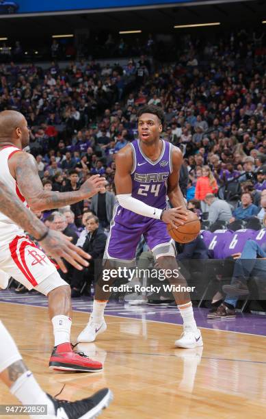 Buddy Hield of the Sacramento Kings handles the ball against the Houston Rockets on April 11, 2018 at Golden 1 Center in Sacramento, California. NOTE...