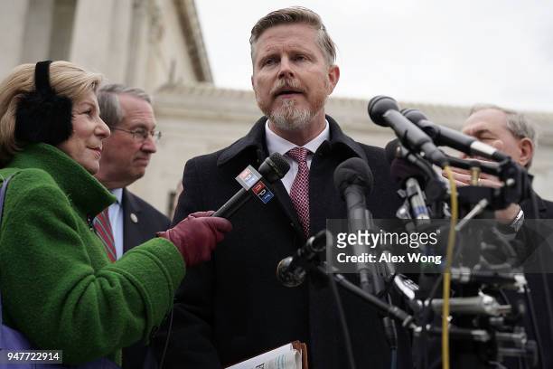 Chairman of the board for Overstock.com Jonathan Johnson speaks to members of the media in front of the U.S. Supreme Court April 17, 2018 in...