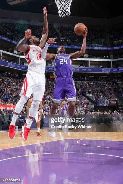 Buddy Hield of the Sacramento Kings goes up for the shot against Tarik Black of the Houston Rockets on April 11, 2018 at Golden 1 Center in...