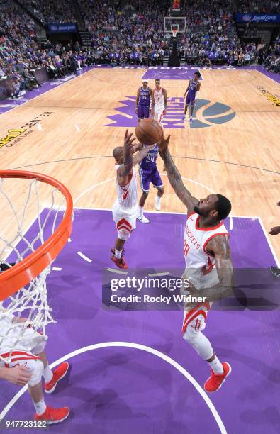 Tarik Black of the Houston Rockets rebounds against the Sacramento Kings on April 11, 2018 at Golden 1 Center in Sacramento, California. NOTE TO...