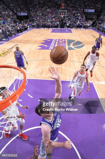 Jack Cooley of the Sacramento Kings puts up a shot against the Houston Rockets on April 11, 2018 at Golden 1 Center in Sacramento, California. NOTE...