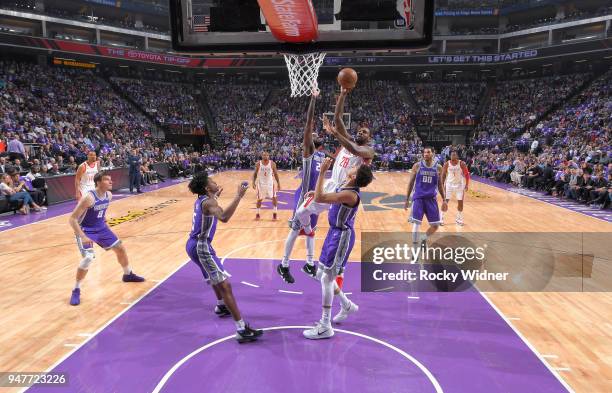 Tarik Black of the Houston Rockets shoots against the Sacramento Kings on April 11, 2018 at Golden 1 Center in Sacramento, California. NOTE TO USER:...