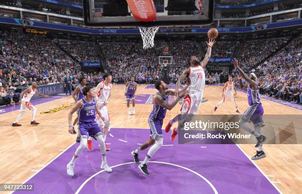 Tarik Black of the Houston Rockets rebounds against the Sacramento Kings on April 11, 2018 at Golden 1 Center in Sacramento, California. NOTE TO...