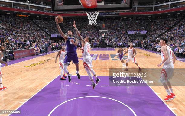 Willie Cauley-Stein of the Sacramento Kings shoots against Gerald Green of the Houston Rockets on April 11, 2018 at Golden 1 Center in Sacramento,...