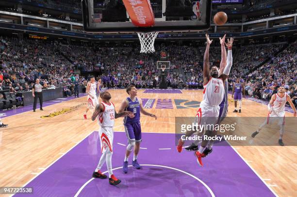 Chinanu Onuaku of the Houston Rockets rebounds against the Sacramento Kings on April 11, 2018 at Golden 1 Center in Sacramento, California. NOTE TO...