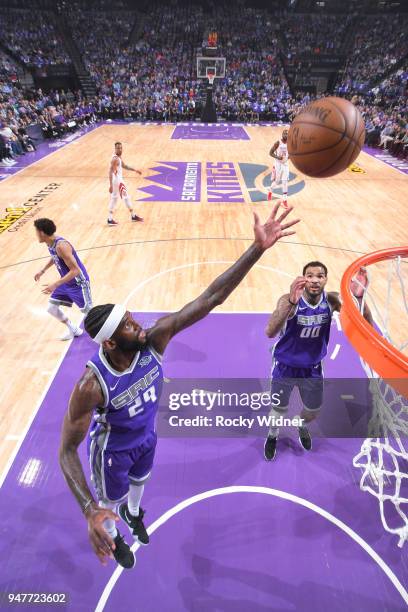 JaKarr Sampson of the Sacramento Kings rebounds against the Houston Rockets on April 11, 2018 at Golden 1 Center in Sacramento, California. NOTE TO...