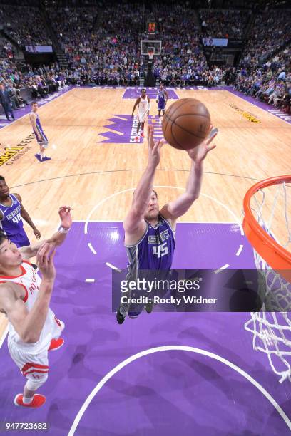 Jack Cooley of the Sacramento Kings rebounds against the Houston Rockets on April 11, 2018 at Golden 1 Center in Sacramento, California. NOTE TO...