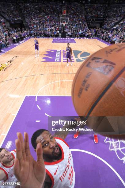 Tarik Black of the Houston Rockets jumps for the ball against the Sacramento Kings on April 11, 2018 at Golden 1 Center in Sacramento, California....