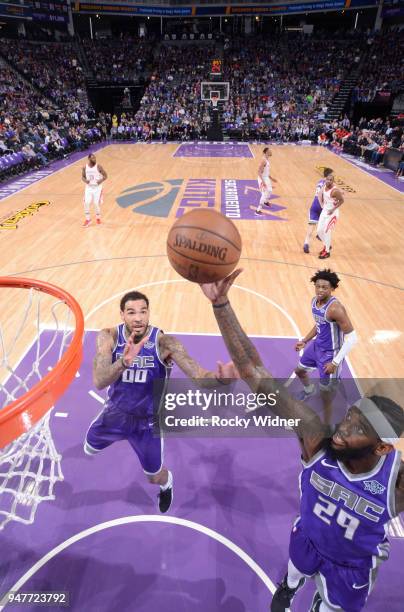 JaKarr Sampson of the Sacramento Kings rebounds against the Houston Rockets on April 11, 2018 at Golden 1 Center in Sacramento, California. NOTE TO...