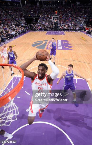 Chinanu Onuaku of the Houston Rockets dunks against the Sacramento Kings on April 11, 2018 at Golden 1 Center in Sacramento, California. NOTE TO...